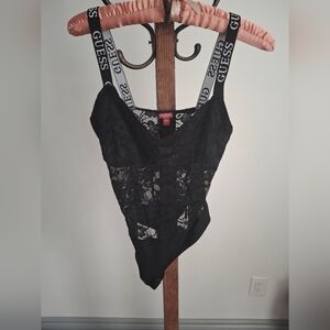 GUESS NWOT  Black Lace Bodysuit with Logo Straps and Snap Closures